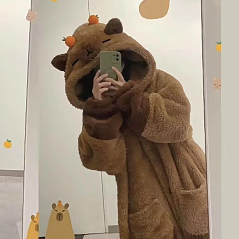 Capybara Hooded Pajamas Set Pajamas Set Winter Sleepwear Pockets indoor outdoor Y2k Aesthetic Cute: Robe+pants Small