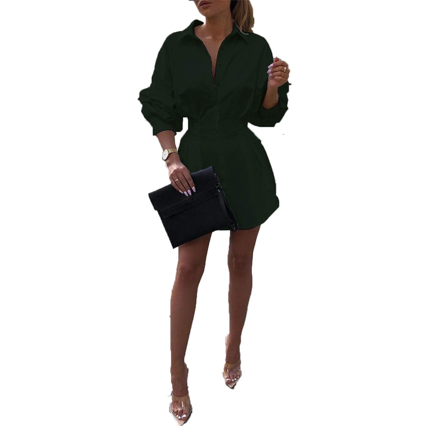 Sexy Mini Shirt Dress for Women - Casual Button Down Blouse Long Sleeve V Neck Belted Shirts Blouse Top Short Dress