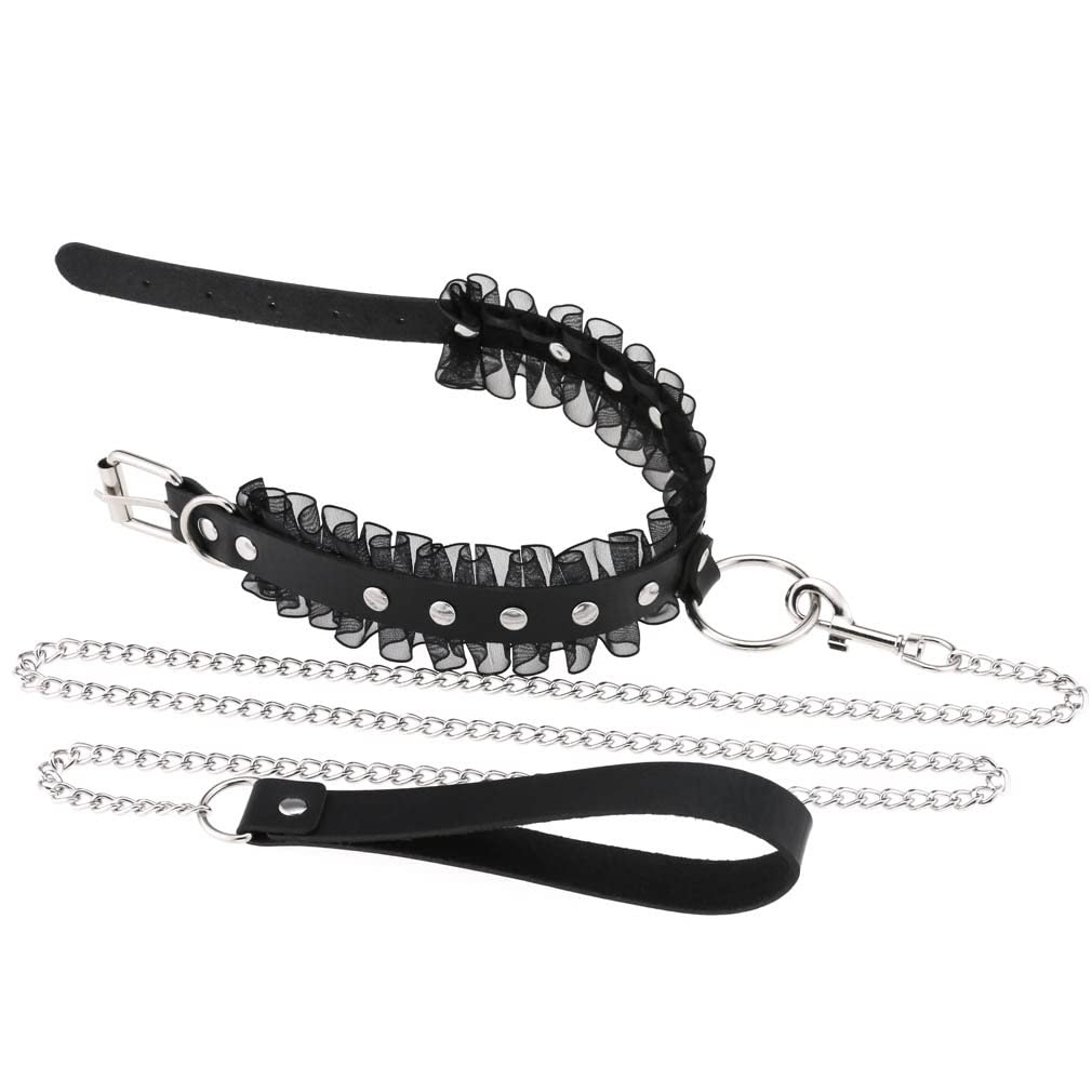 FM FM42 Multicolor PU Simulated Leather Silvert-Tone Rivets O Ring Lace Collar Choker Necklace with Detachable Chain Leash: Black