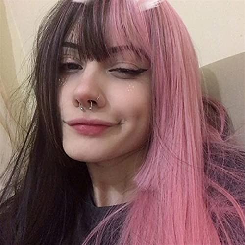 Swiking Lolita Wig - Half Pink, Half Black, Long Straight Cosplay Wig With Bangs, Natural Synthetic Hair