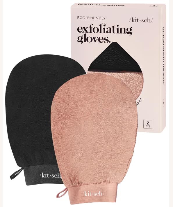 Kitsch Deep Exfoliating Glove, Eco Friendly Exfoliating Body Scrubber, Dead Skin Remover and Body Scrub Mitt for Skin Cell Renewal, for Shower and Bath, Black & Terracotta - 2pcs