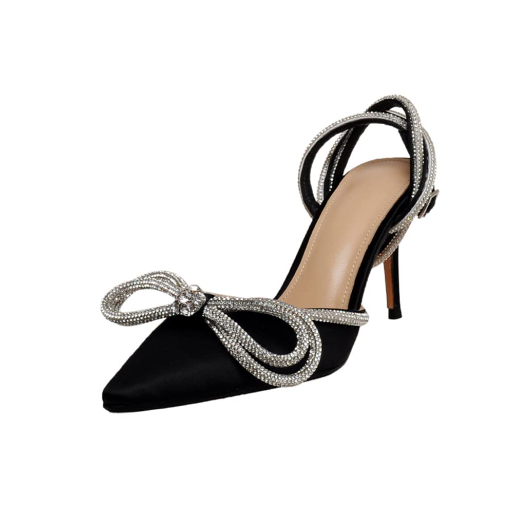 Arqa Rhinestone Bow Heels for Women Pointed Toe Crystal Ankle Strap Slingback Pumps Satin Stiletto High Heel Sandals Wedding Bridal Shoes thumbnail 2