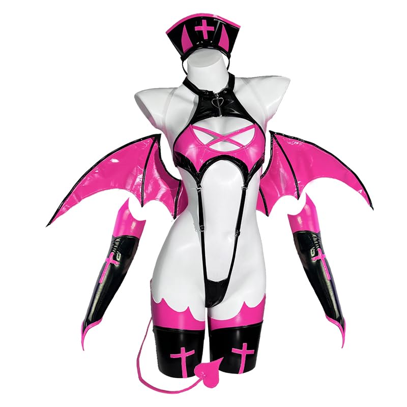 KORURACLUB Love-heart succubus costume（7-Piece Set） Pink premium pu cosplay lingerie Pink wing Love-heart succubus lingerie