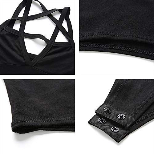 LJJPMLLPZ Women Hollow Out Low Chest Pentagram Bodysuit Gothic Dark Street Jumpsuit: Large