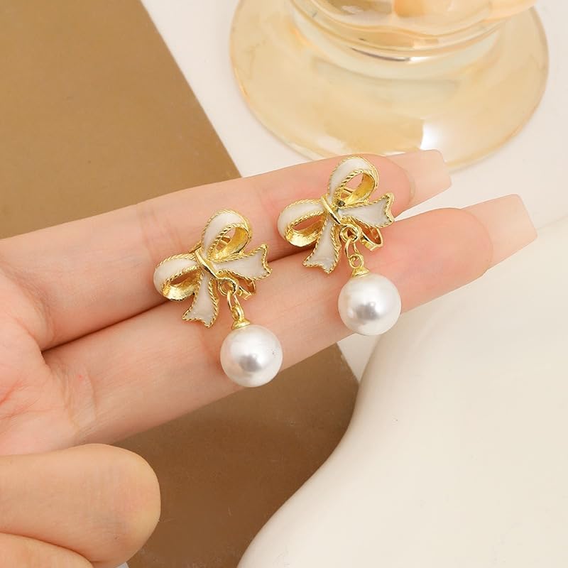 Twinkle Pearl Bow Dangle & 925 Silver Stud Earrings for Women & Girls | Pink and Gold Bow Ribbons Earrings | Holiday Birthday Jewelry Gifts for Her