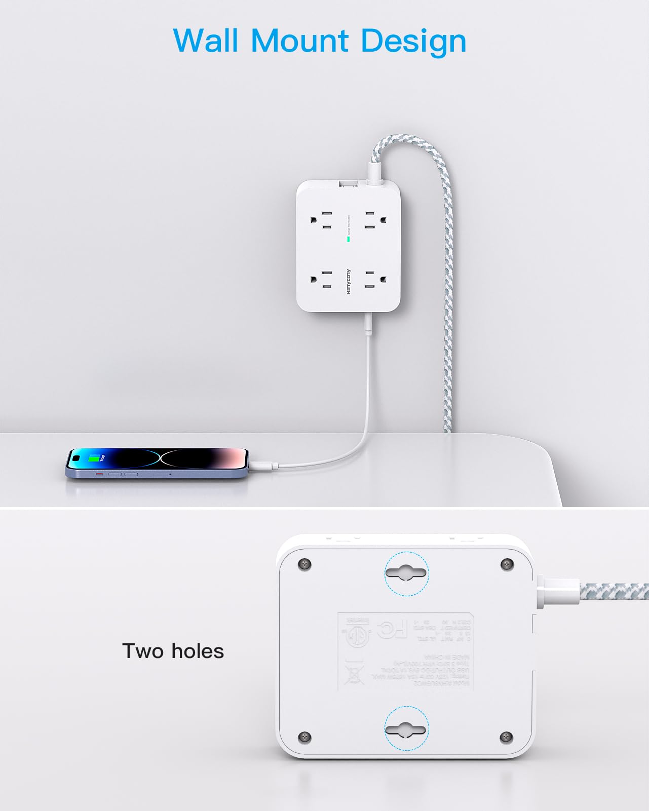 Surge Protector Power Strip - HANYCONY 8 Outlets 4 USB (2 USB C) Charging Ports, Multi Plug Outlet Extender, 5Ft Braided Extension Cord, Flat Plug Wall Mount Desk Charging Station for Home Office ETL: 10Ft White