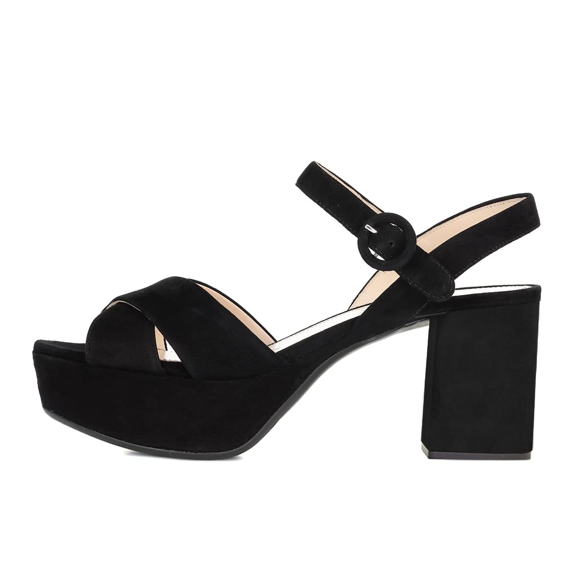 FSJ Women Peep Toe Chunky High Heels Platform Sandals Ankle Strap Velvet & Suede Summer Dress Wedding Prom Shoes Size 4-15 US: 7 Black Suede
