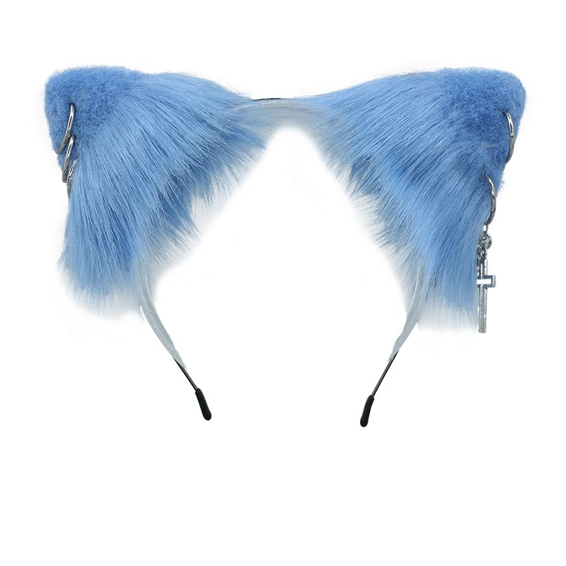 VIGVAN Cat Cosplay Ears Accessories Punk Gothic Cross Cat Ears Headbands Clips: Blue