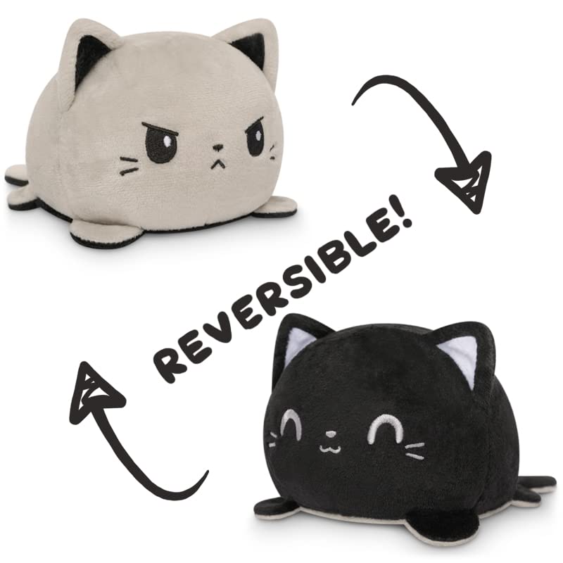 TeeTurtle - The Original Reversible Cat Plushie - Black + Pumpkin - Cute Sensory Fidget Stuffed Animals That Show Your Mood - Perfect for Halloween!: Black + Gray Cat