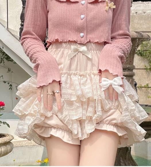 SOLILOQUY Women's Lolita Kawaii Mini Skirts Elastic Waist Tiered Ruffle Mini Skirts/Skort Japanese Korean Cute Sweet Skirt thumbnail 2