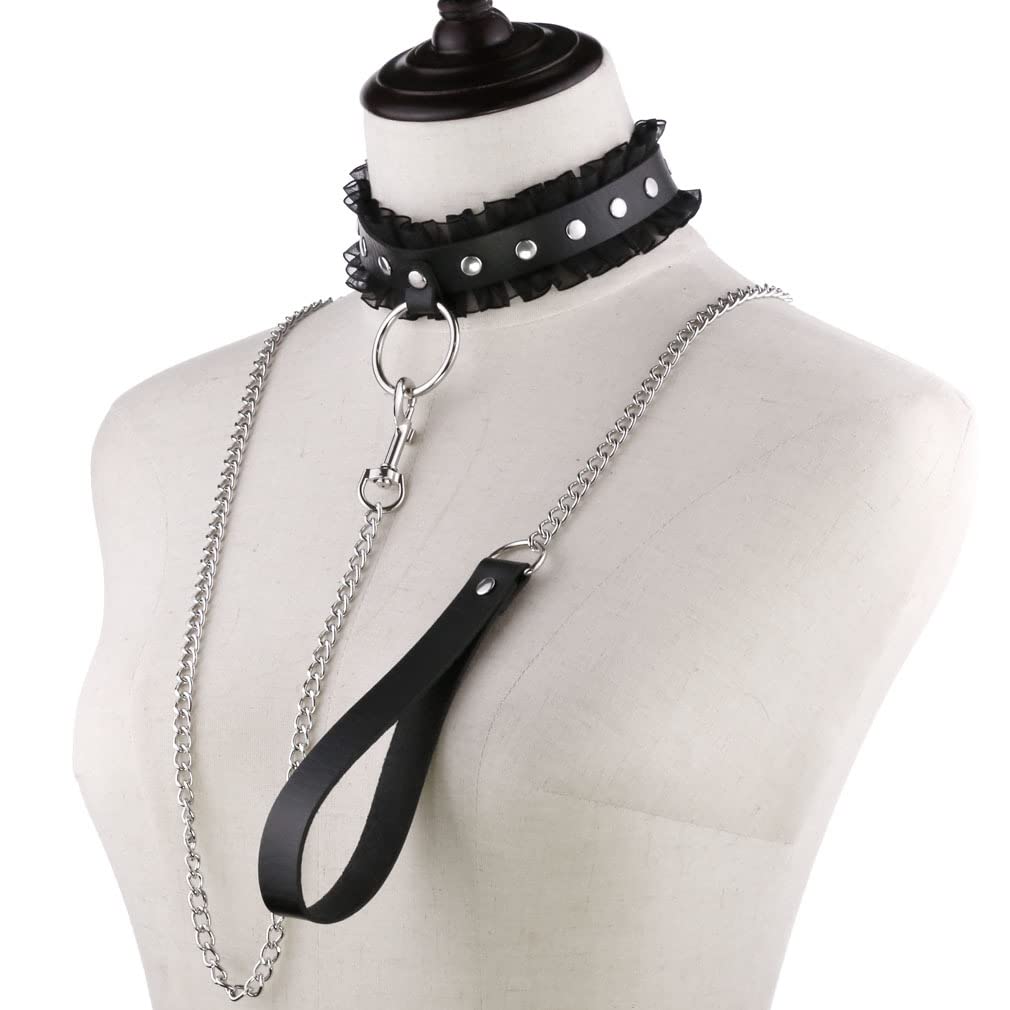 FM FM42 Multicolor PU Simulated Leather Silvert-Tone Rivets O Ring Lace Collar Choker Necklace with Detachable Chain Leash: Black