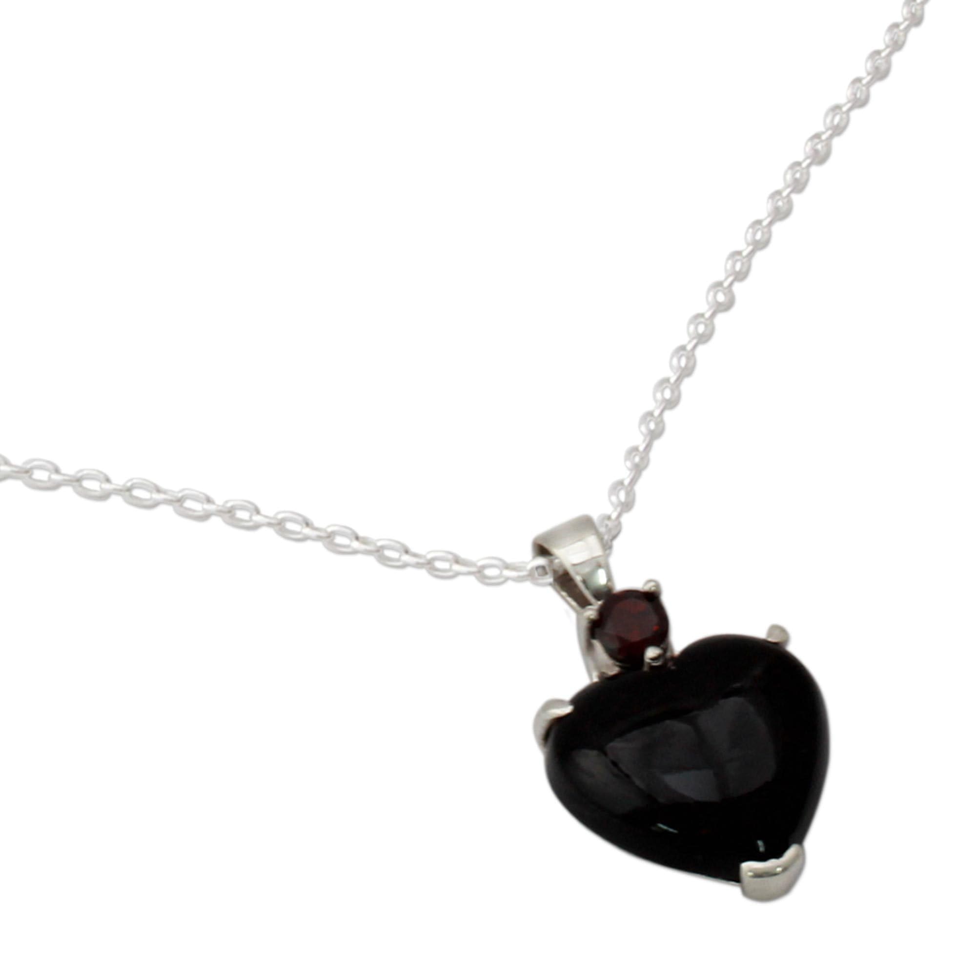 NOVICA Artisan Handmade Onyx Garnet Heart Necklace Sterling Silver Red Pendant India Birthstone [17.75 in L 1 mm W Pendant(s) 1.3 in L x 0.8 in W x 0.2 in D] ' Goth Love' - Image 3