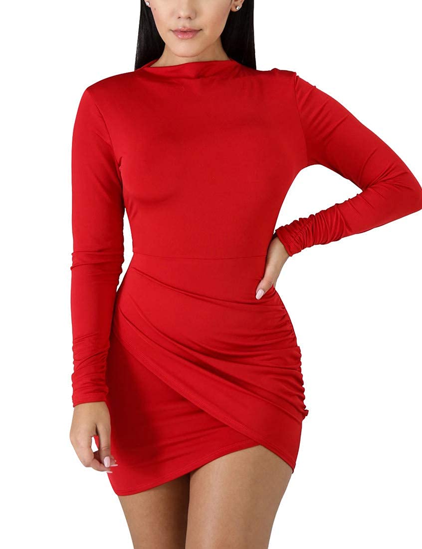 BORIFLORS Women's Sexy Wrap Front Long Sleeve Ruched Bodycon Mini Club Dress thumbnail 1