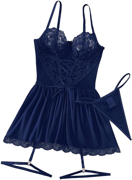 Lilosy Sexy Garter Belt Mesh Lace Babydoll Lingerie Dress Set with Thong: Wire Small Navy Blue