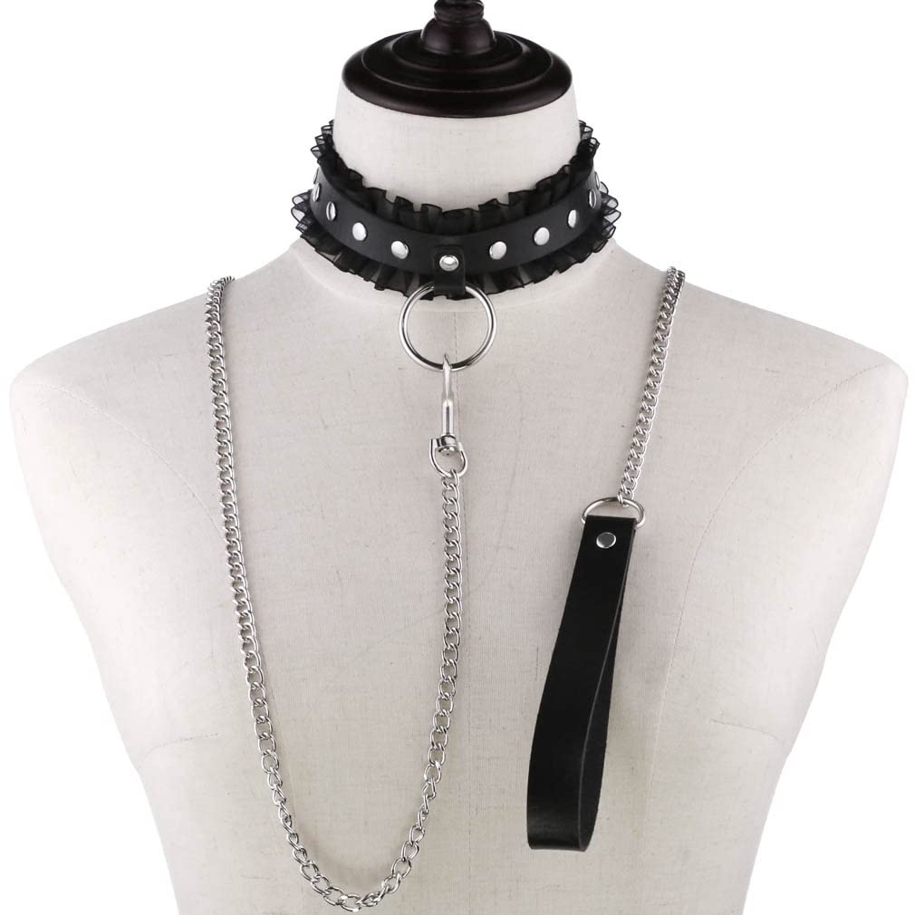 FM FM42 Multicolor PU Simulated Leather Silvert-Tone Rivets O Ring Lace Collar Choker Necklace with Detachable Chain Leash: Black