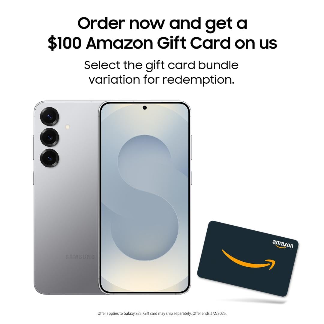 Samsung Galaxy S25 Ultra, 512GB Smartphone, Unlocked Android, AI Night Mode Camera, Snapdragon 8 Elite Fast Processor, 5000mAh Battery, Built-in S Pen, 2025, US 1 Yr Warranty, Titanium Black: SAMSUNG Galaxy S25 Cell Phone + $100 Amazon Gift Card, 256GB AI Smartphone, Unlocked Android, Night Video, 50MP AI Camera, Fast Processor, ProScaler Display, Long Battery Life, 2025, Silver Shadow