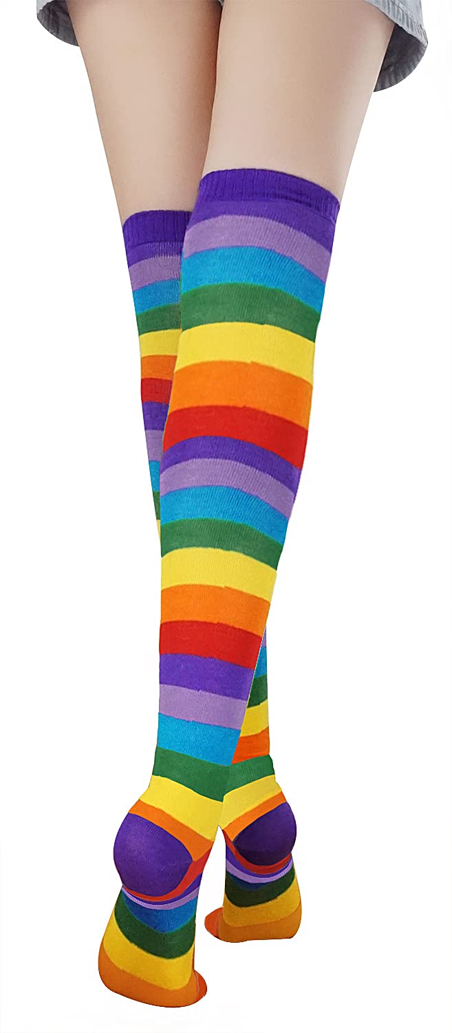 Bienvenu Womens Socks Striped Knee High Socks Arm Warmer Fingerless Gloves Set: Rainbow