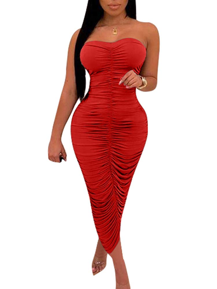 BEAGIMEG Women's Sexy Ruched Strapless Bodycon Tube Maxi Long Club Dress