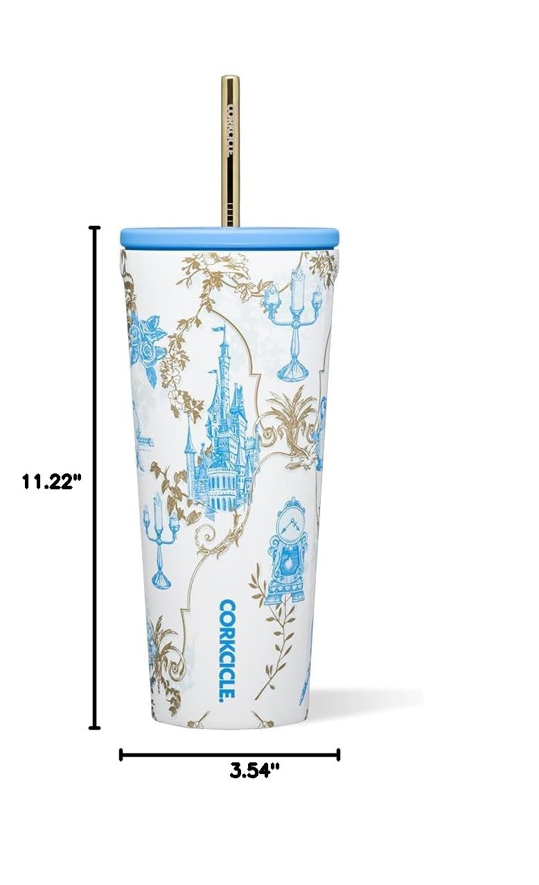 Corkcicle x Disney Princess Belle Cold Cup Insulated Tumbler with Lid and Straw, 24 oz – Reusable Water Bottle Keeps Beverages Cold 12hrs, Hot 5hrs – Cupholder Friendly, Lid for Flexible Sipping