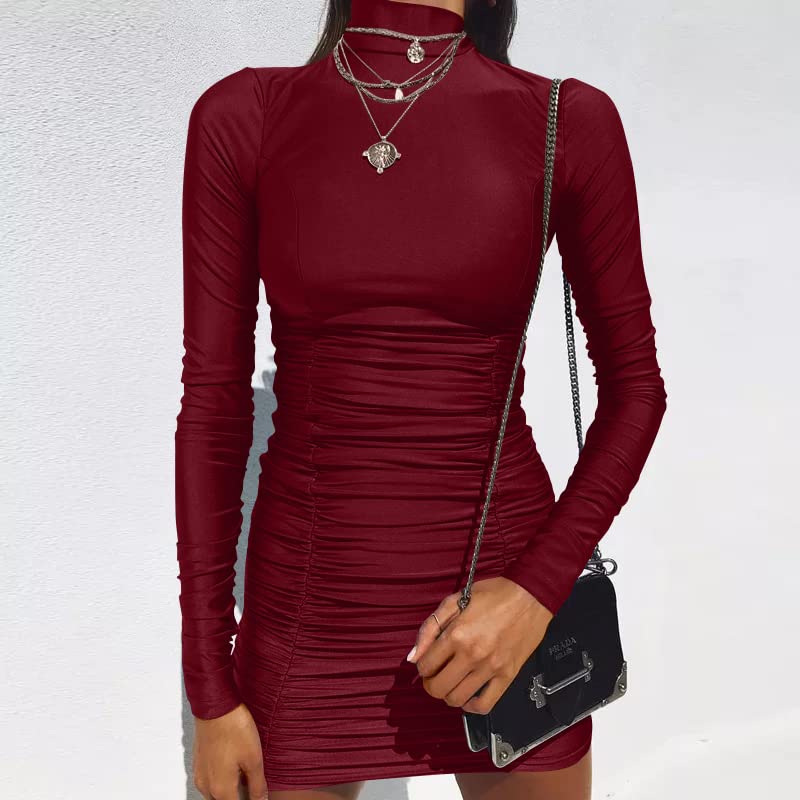 GOKATOSAU Women's Sexy Stand Neck Bodycon Long Sleeve Ruched Club Party Mini Dress: X-Large Winered