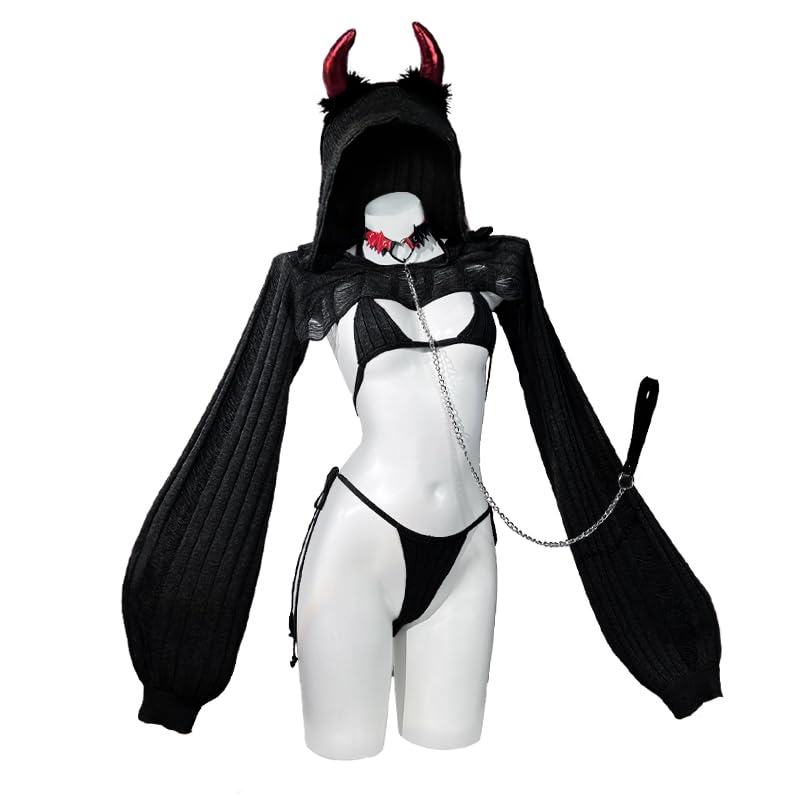 KORURACLUB Knitting Coziest Devil costume（7-Piece Set） Grey premium sweater cosplay lingerie for women cosplay costume: Black
