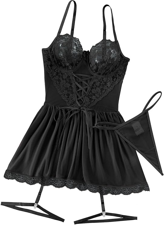 Lilosy Sexy Garter Belt Mesh Lace Babydoll Lingerie Dress Set with Thong