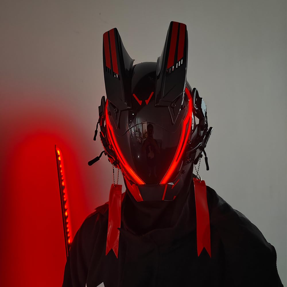 KYEDAY Punk Mask for Men,LED Mask for Women,Futuristic Punk Techwear, Cosplay Halloween Fit Party Music Festival Accessories: Red