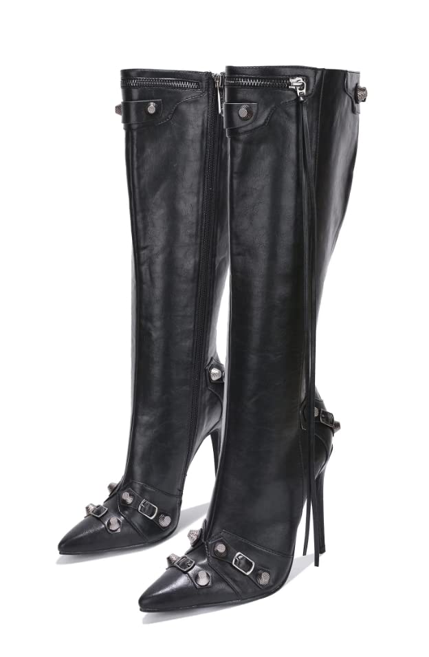Cape Robbin Womem Knee High Boots Pointed Toe Stiletto Heels Side Zipper Rivets Tassels Boots: 10 Black