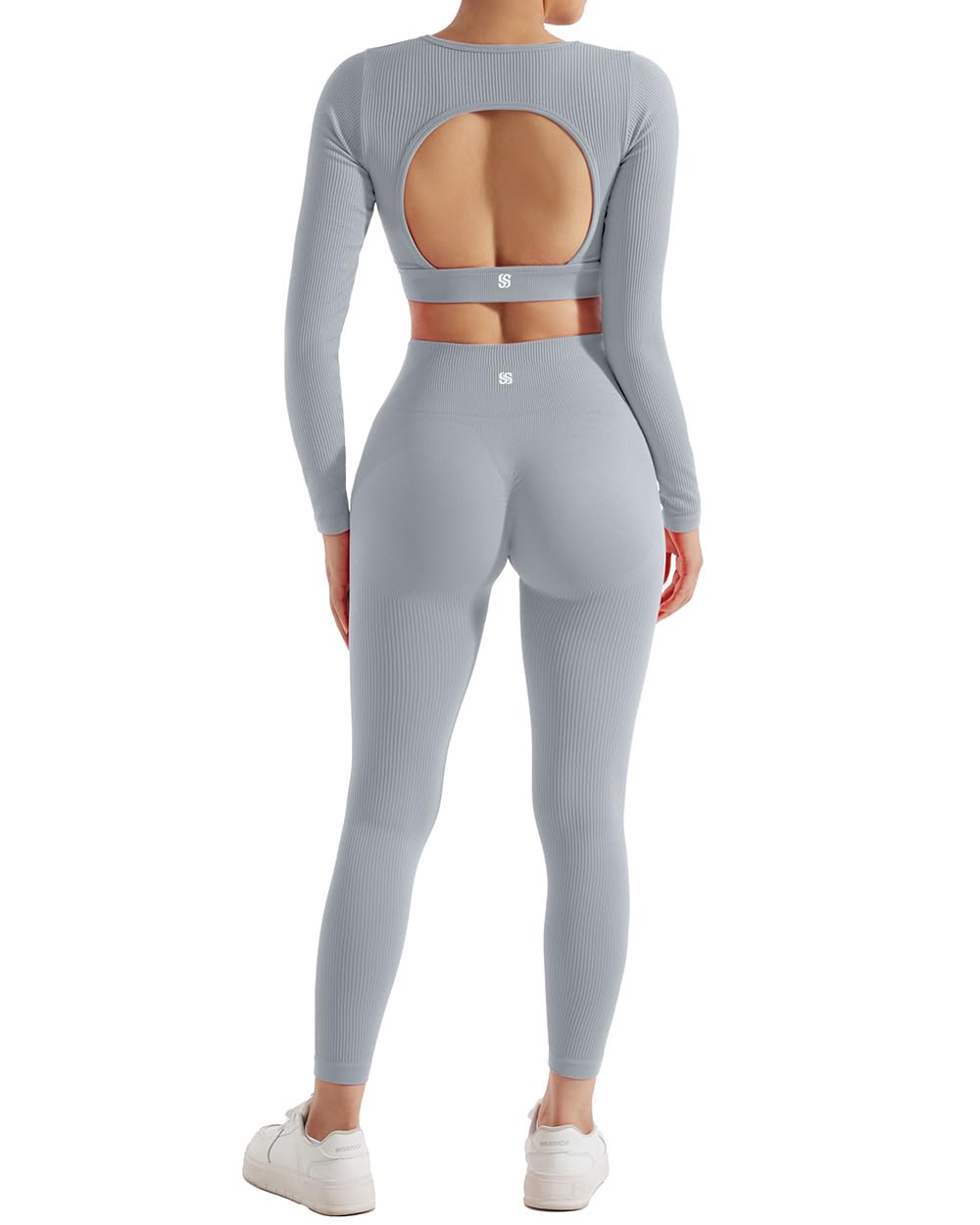 SUUKSESS Open Back Long Sleeve Scrunch Butt Booty Leggings Seamless Ribbed Workout Sets 2 Piece Outfits: X-Small #2 Grey