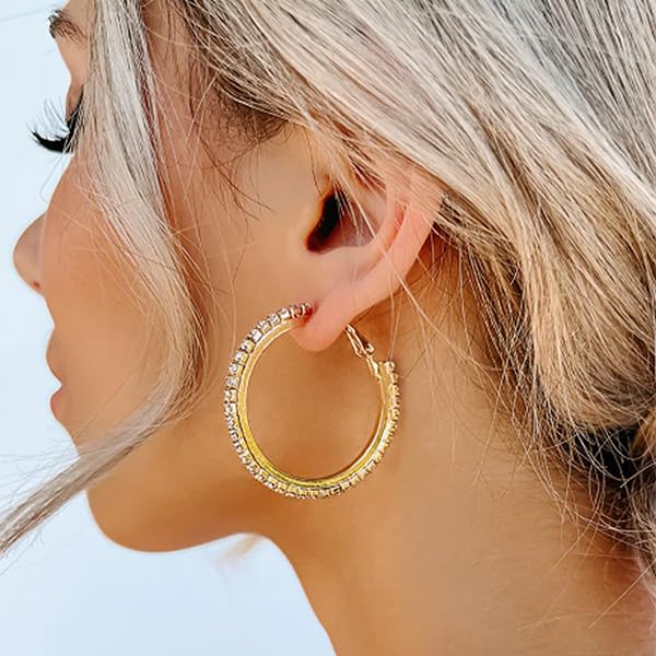 PABBEU 2mm 925 Sterling Silver Earrings Big Sterling Silver Hoop Earrings for Women Large Rhinestone Hoop Earrings Thin Hypoallergenic Cubic Zirconia Earrings for Women 30/40/50/60/70mm: 30mm Gold