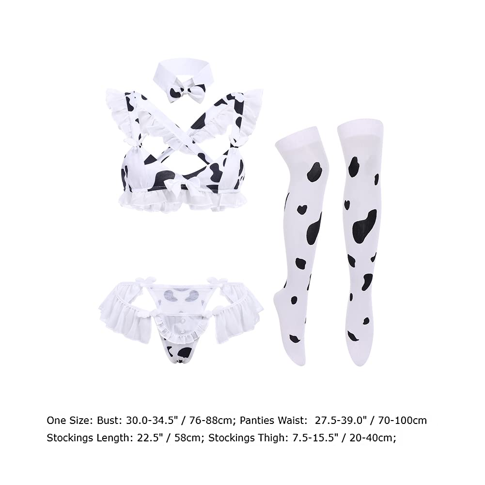 FYMNSI Women Sexy Milk Cow Lingerie Set Anime Maid Cosplay Costume Mini Bikini Bra Bodysuit with Bell Choker Stockings Outfit: One Size Z - Cow Maid Set