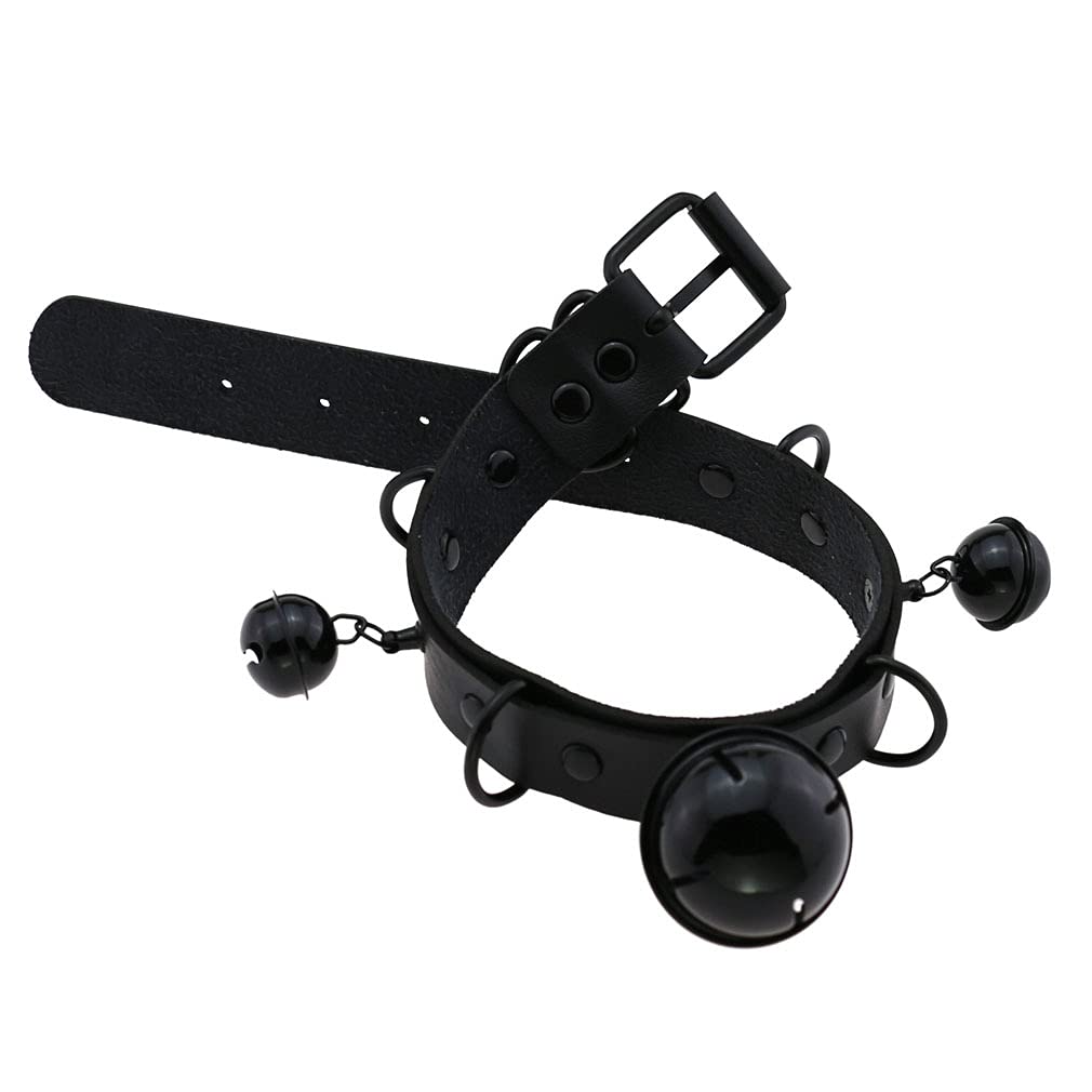 FM FM42 Multicolor PU Simulated Leather Black-tone Silver-tone 4cm Large Bell Rivets Neckband Choker Necklace: Black-tone Bell &amp; Purple