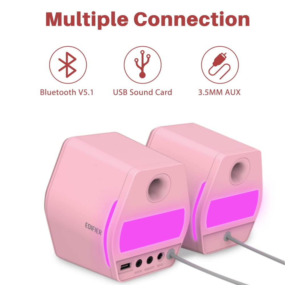 Edifier G2000 32W PC Computer Speakers for Gaming Desktop PC Laptop Mac Computer Woofer Speakers Bluetooth USB 3.5mm AUX Inputs RGB Lights Multimedia Speakers Pink