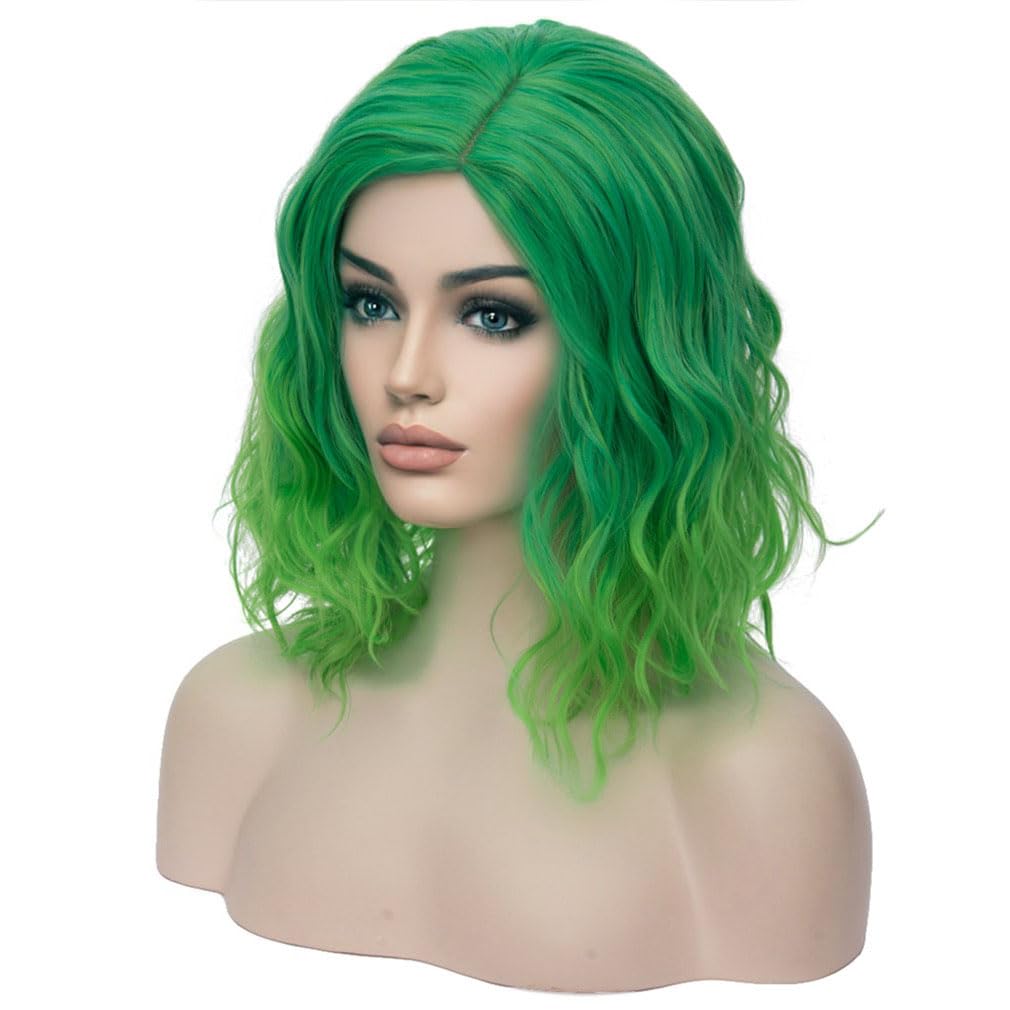 BERON  Wigs for Women Short Curly Bob Wavy Wig Girls Ombre Green 14" Body Wave Shoulder Length Hair Wig Heat Resistant Synthetic Halloween Cosplay Daily Party Wigs: Green