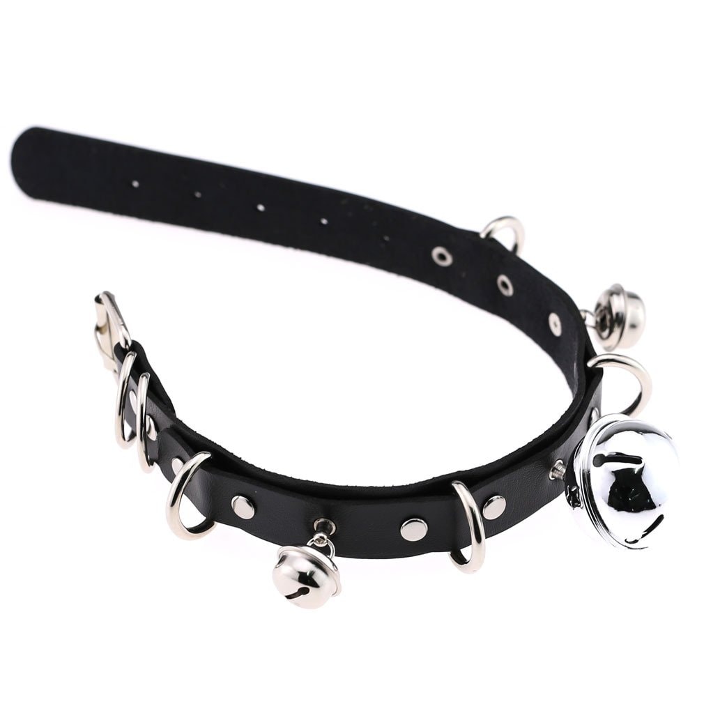 FM FM42 Multicolor PU Simulated Leather Black-tone Silver-tone 4cm Large Bell Rivets Neckband Choker Necklace: Silver-tone Bell &amp; Green