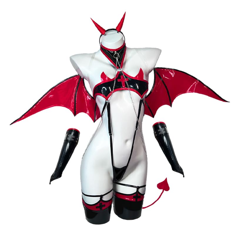 KORURACLUB Succubus costume premium pu cosplay lingerie for women wing devil lingerie: Red X-Large