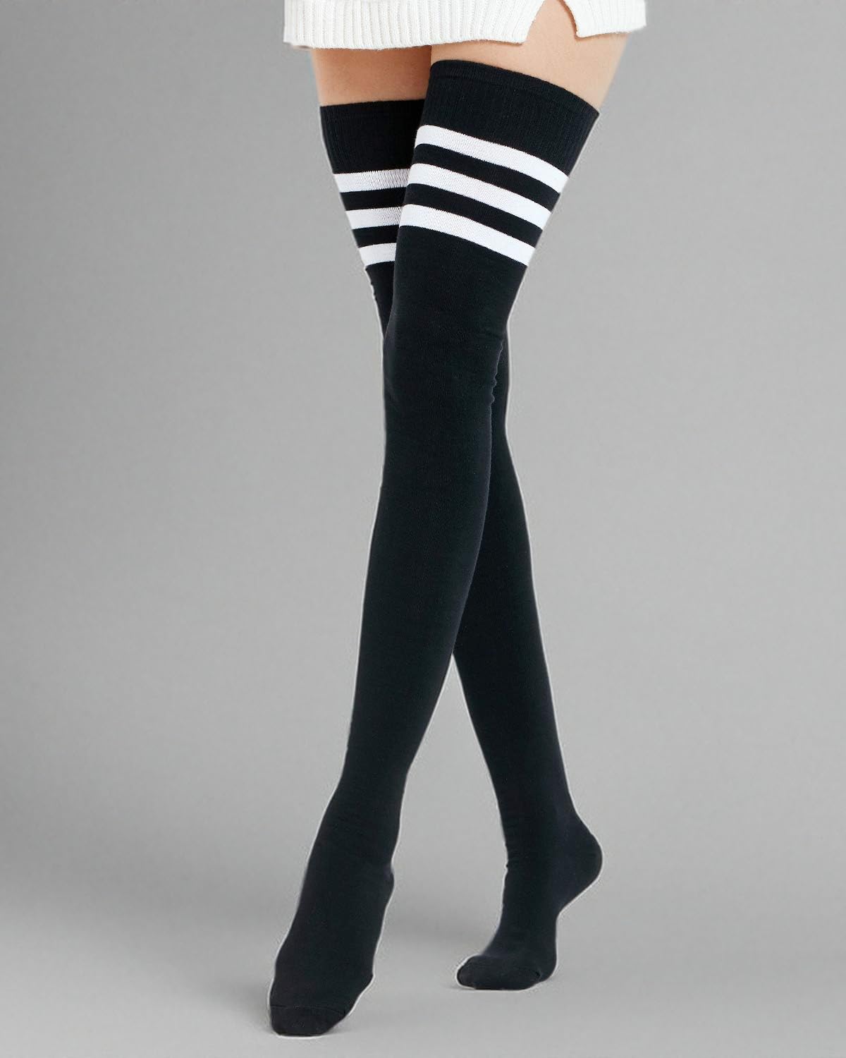 Kayhoma Extra Long Cotton Stripe Thigh High Socks Over the Knee High Plus Size Stockings…: Black