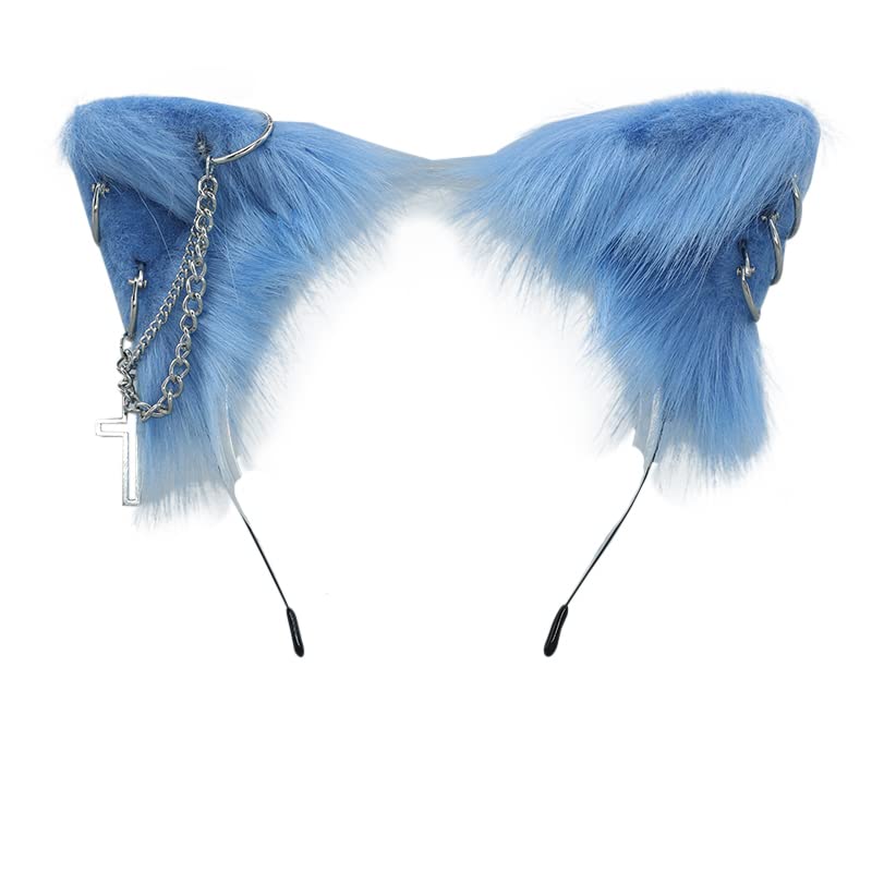 VIGVAN Cat Cosplay Ears Accessories Punk Gothic Cross Cat Ears Headbands Clips: Blue