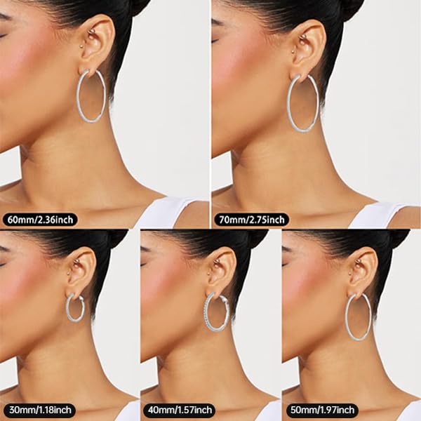 PABBEU 2mm 925 Sterling Silver Earrings Big Sterling Silver Hoop Earrings for Women Large Rhinestone Hoop Earrings Thin Hypoallergenic Cubic Zirconia Earrings for Women 30/40/50/60/70mm: 40mm Silver