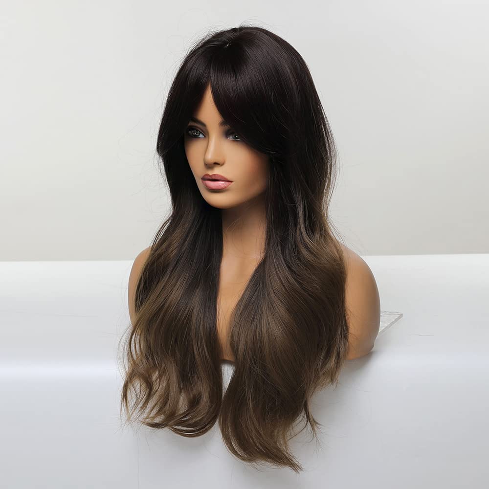 HAIRCUBE Long  Wig with Bangs Layered Curly Orange Wigs for Women Natural Synthetic Wigs for Daily Use (pelucas de cabello natural): Ombre Dark Brown