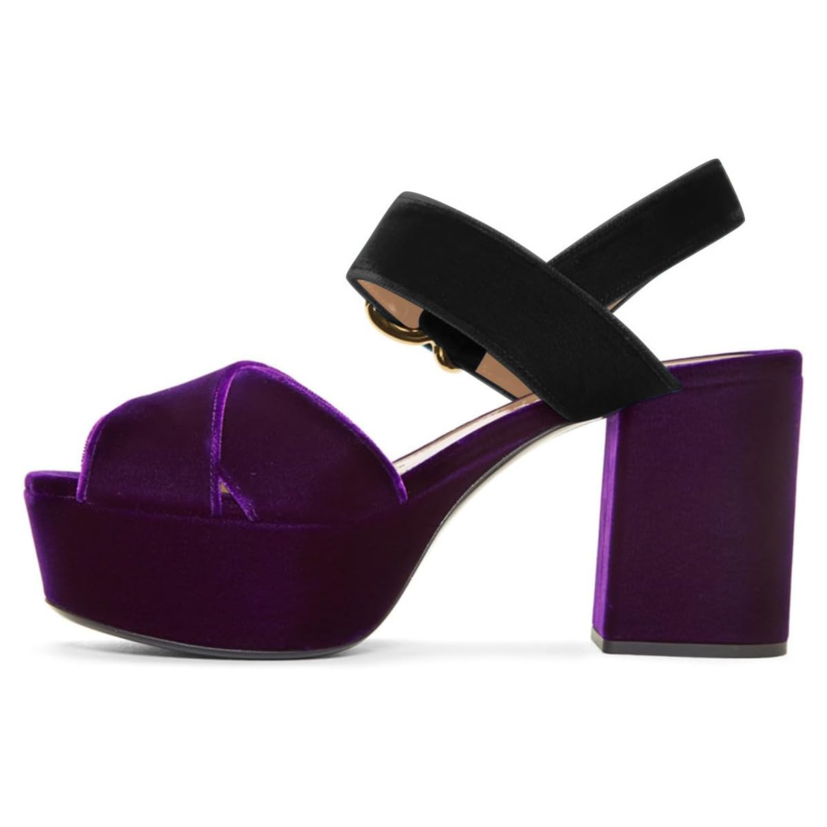 FSJ Women Peep Toe Chunky High Heels Platform Sandals Ankle Strap Velvet & Suede Summer Dress Wedding Prom Shoes Size 4-15 US: 7 Purple Black
