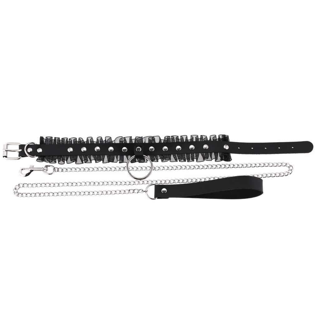 FM FM42 Multicolor PU Simulated Leather Silvert-Tone Rivets O Ring Lace Collar Choker Necklace with Detachable Chain Leash: Black