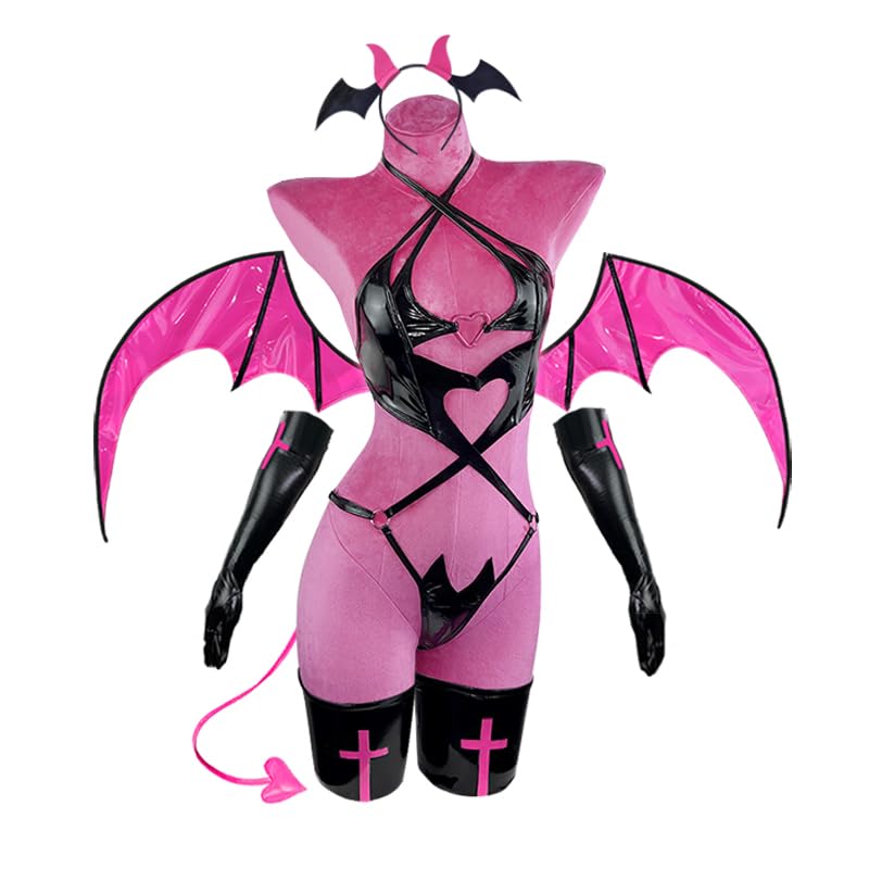 KORURACLUB Succubus costume premium pu cosplay lingerie for women wing devil lingerie: Black Large