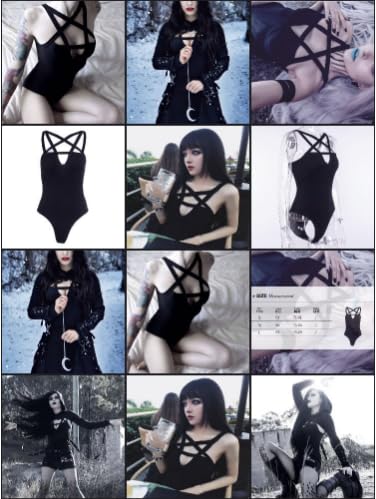 LJJPMLLPZ Women Hollow Out Low Chest Pentagram Bodysuit Gothic Dark Street Jumpsuit: Large