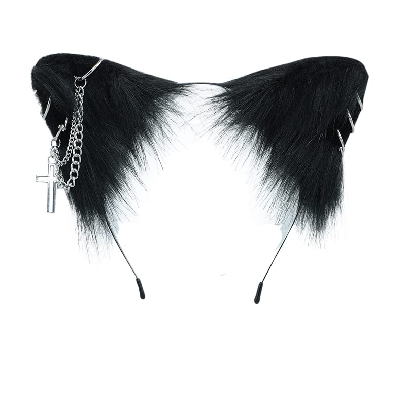VIGVAN Cat Cosplay Ears Accessories Punk Gothic Cross Cat Ears Headbands Clips: Black