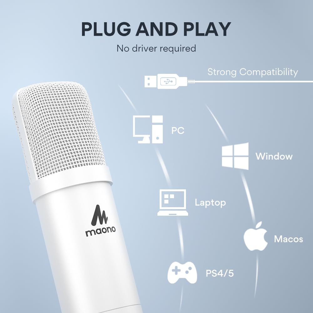 USB Microphone, MAONO 192KHZ/24Bit Plug & Play PC Computer Podcast Condenser Cardioid Metal Mic Kit with Professional Sound Chipset for Recording, Gaming, Singing, YouTube (AU-A04): White
