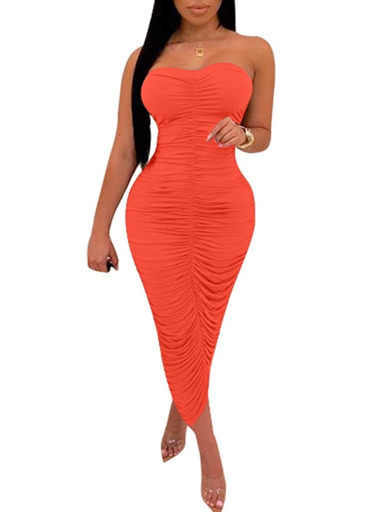 BEAGIMEG Women's Sexy Ruched Strapless Bodycon Tube Maxi Long Club Dress