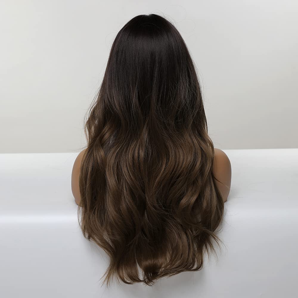 HAIRCUBE Long  Wig with Bangs Layered Curly Orange Wigs for Women Natural Synthetic Wigs for Daily Use (pelucas de cabello natural): Ombre Dark Brown
