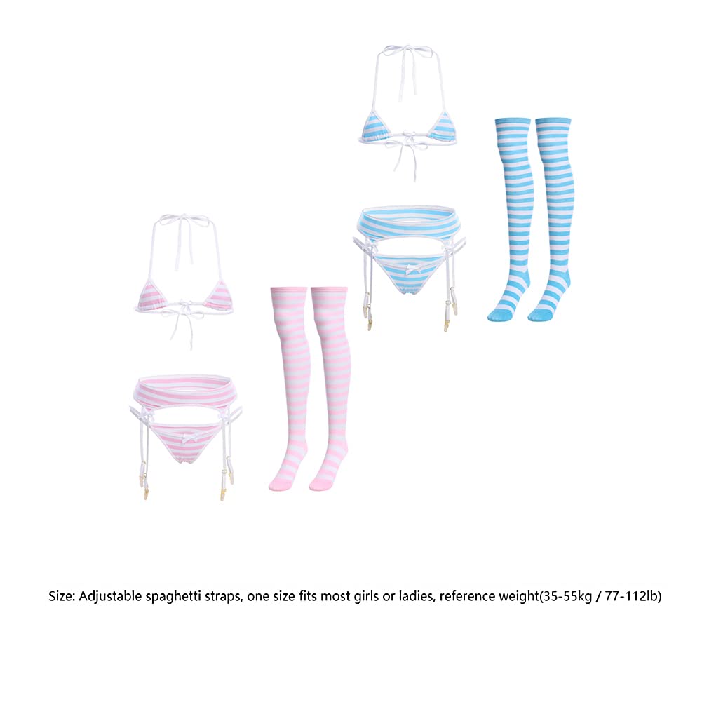 ABAFIP Women Cute Kawaii Anime Lingerie set Halter Strap Micro Bra Tiny Panty Garter Belt Striped Stockings 4Pcs Underwear: One Size Blue