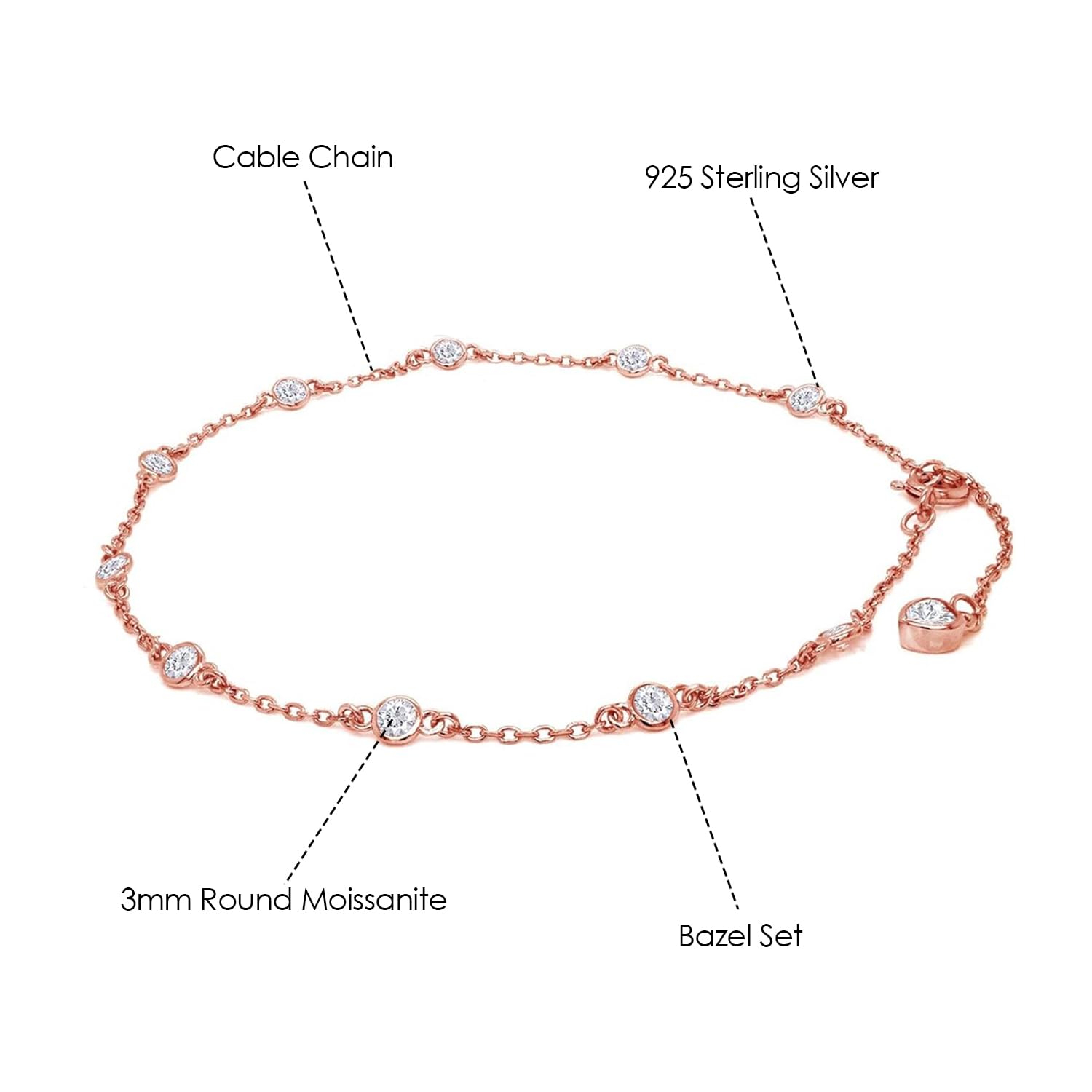 3MM Round Lab Created Moissanite Bezel Set Single Piece Station Anklet Bracelet For Women In 14K Gold Plated Sterling Silver Jewelry (1 Cttw), Gift For Her: Rose Gold Over : 10 Inch
